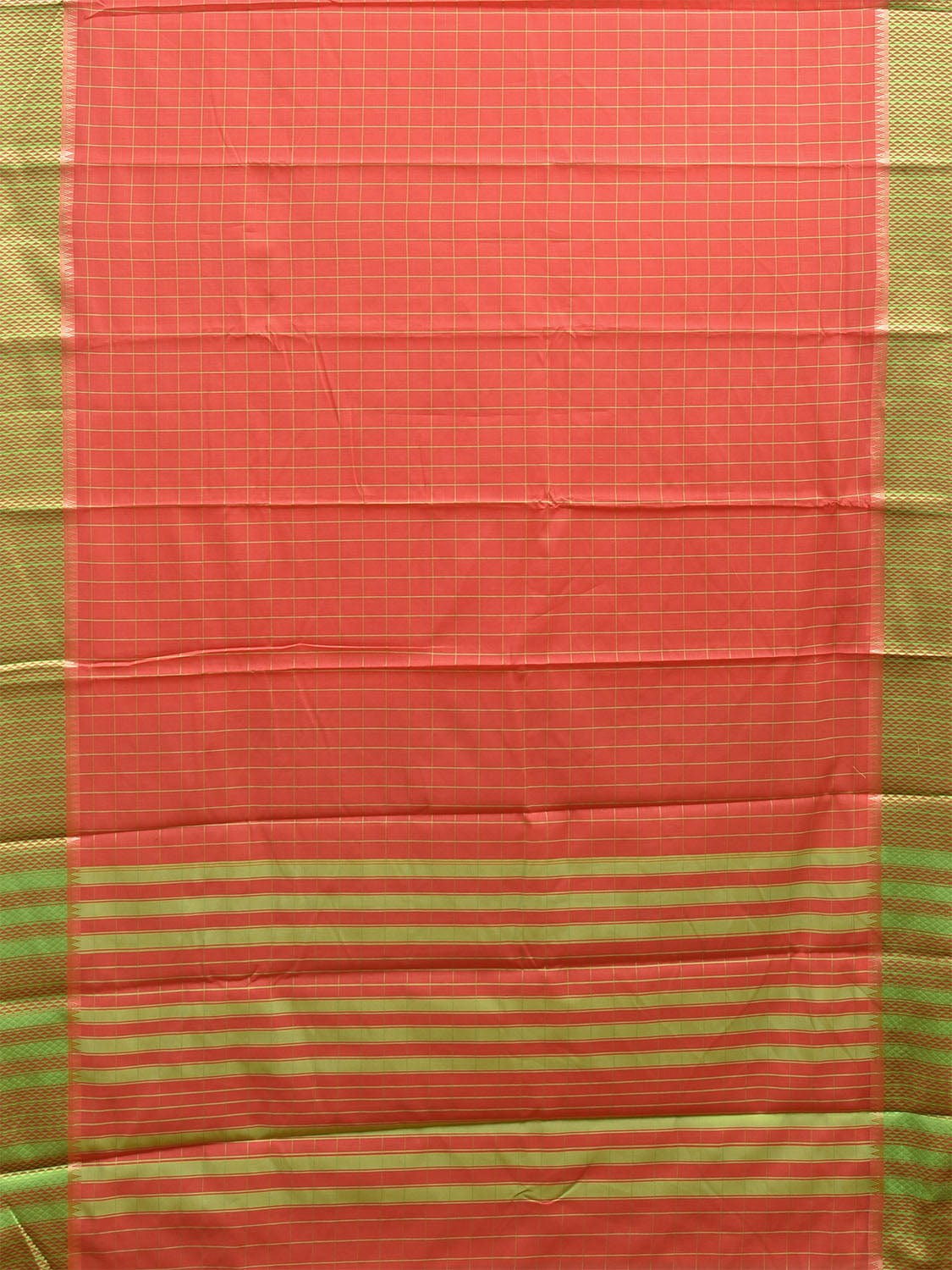 Peach and Green Bamboo Cotton Saree with Big Checks and Strips Pallu Design No Blouse bc0588