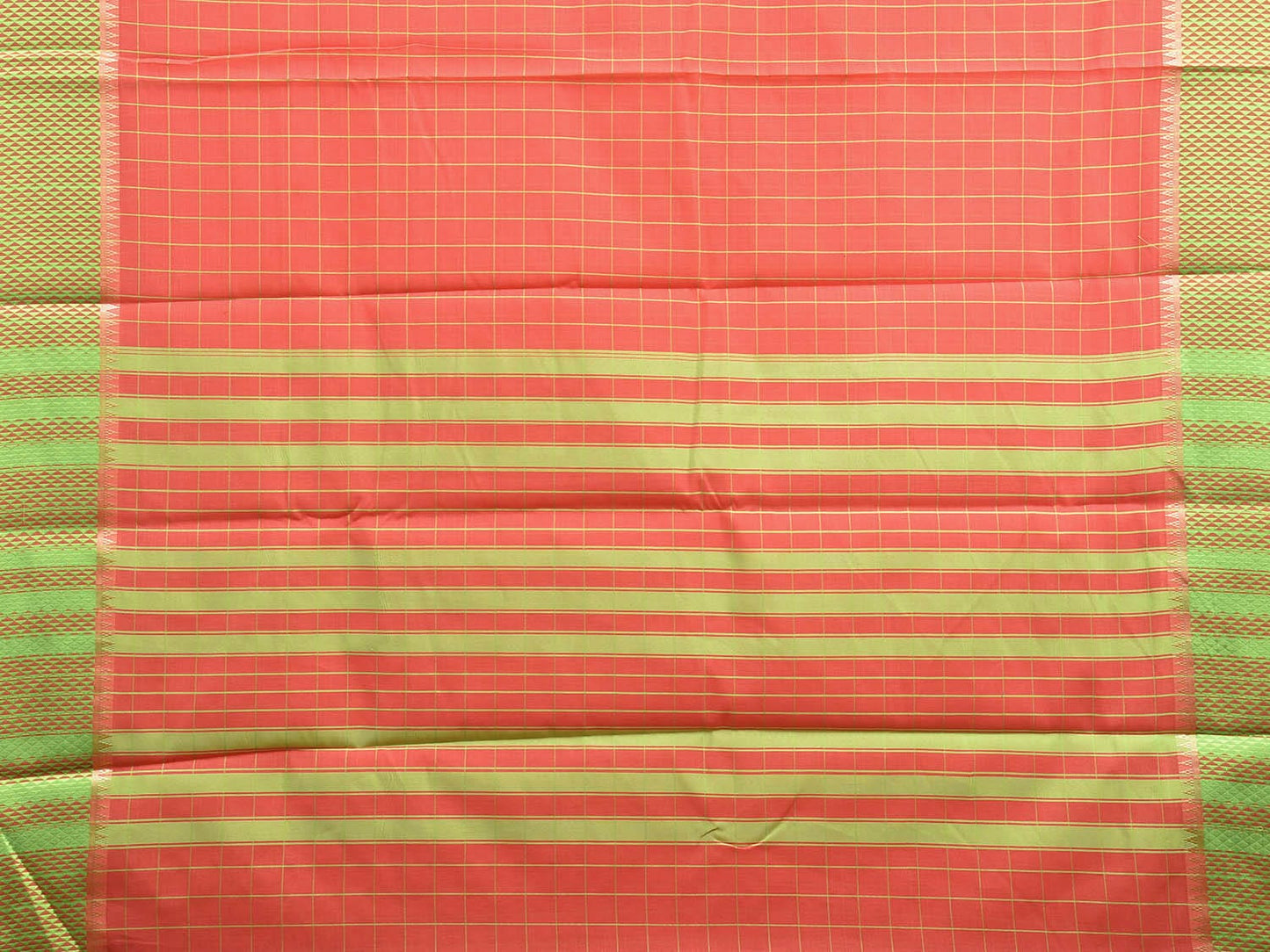 Peach and Green Bamboo Cotton Saree with Big Checks and Strips Pallu Design No Blouse bc0588