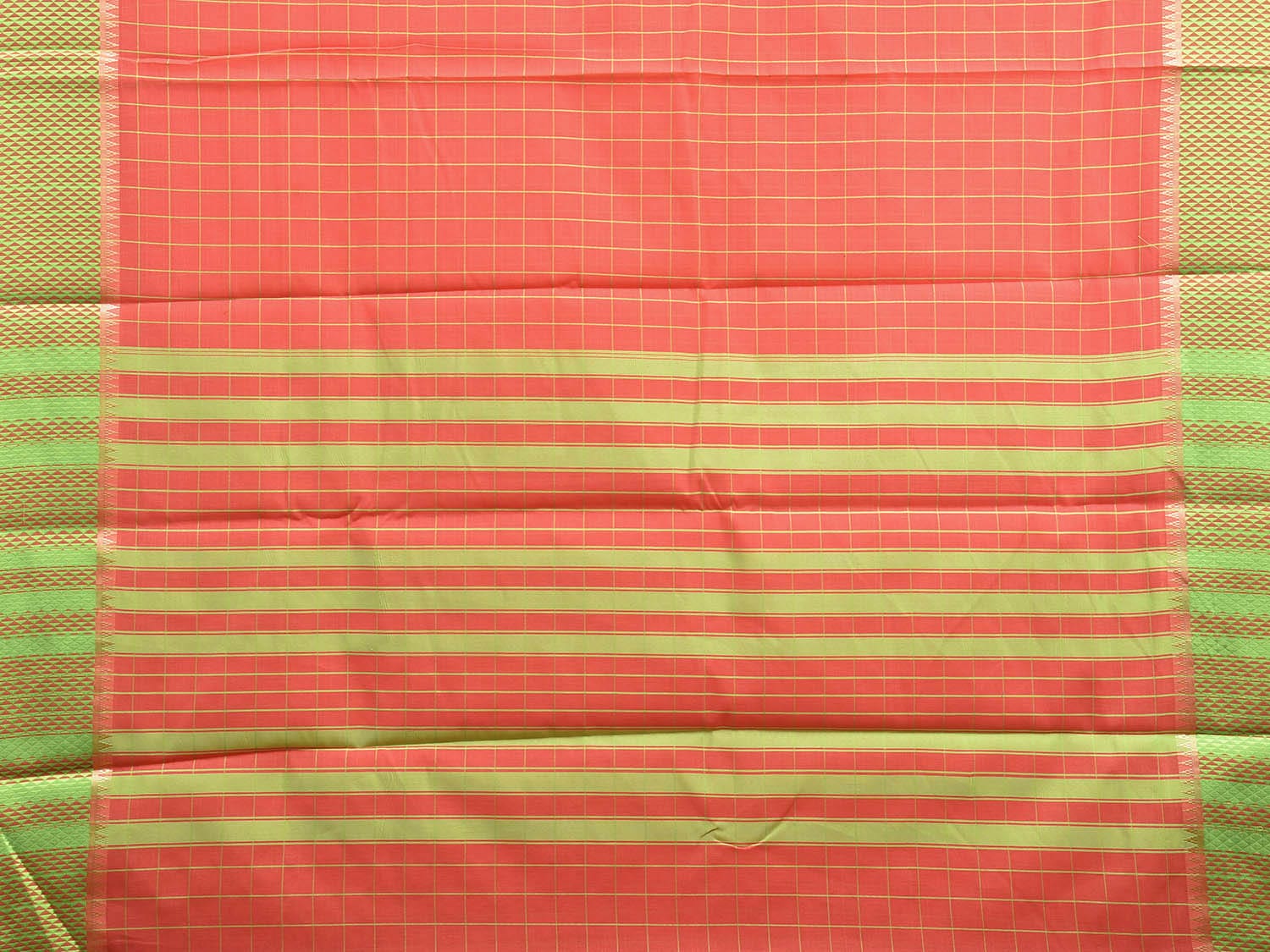 Peach and Green Bamboo Cotton Saree with Big Checks and Strips Pallu Design No Blouse bc0588