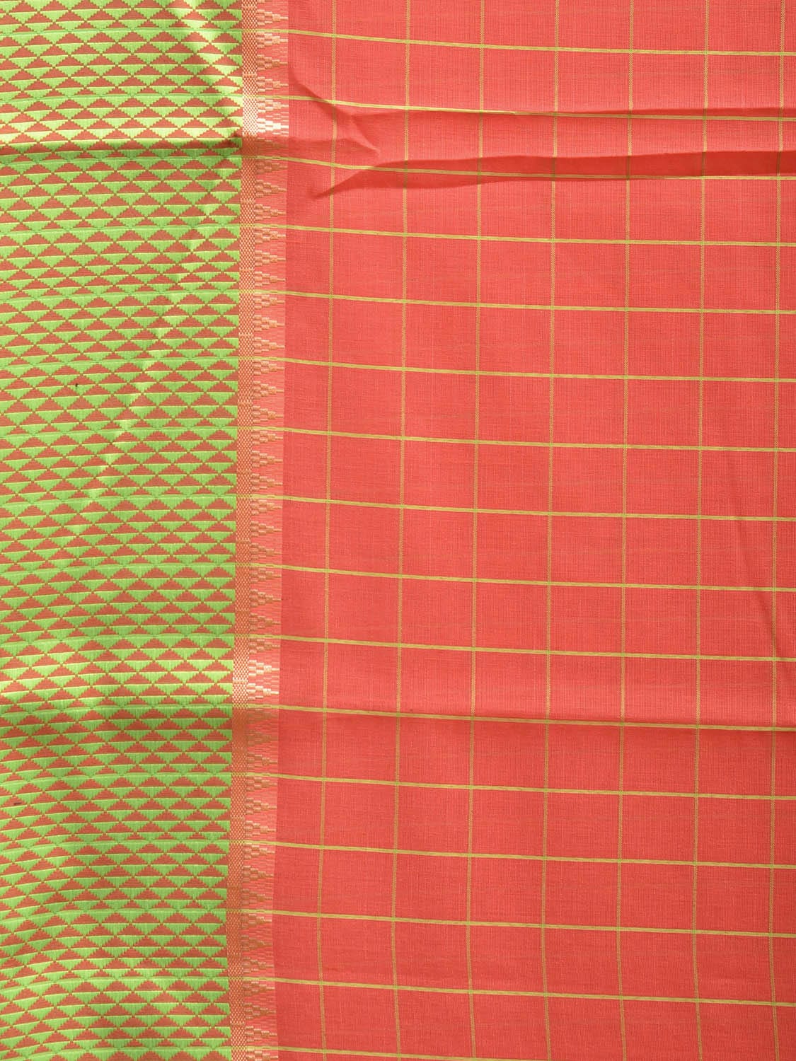 Peach and Green Bamboo Cotton Saree with Big Checks and Strips Pallu Design No Blouse bc0588
