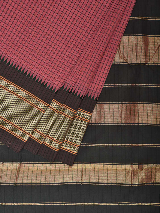 Peach and Green Bamboo Cotton Saree with Checks Design No Blouse bc0687