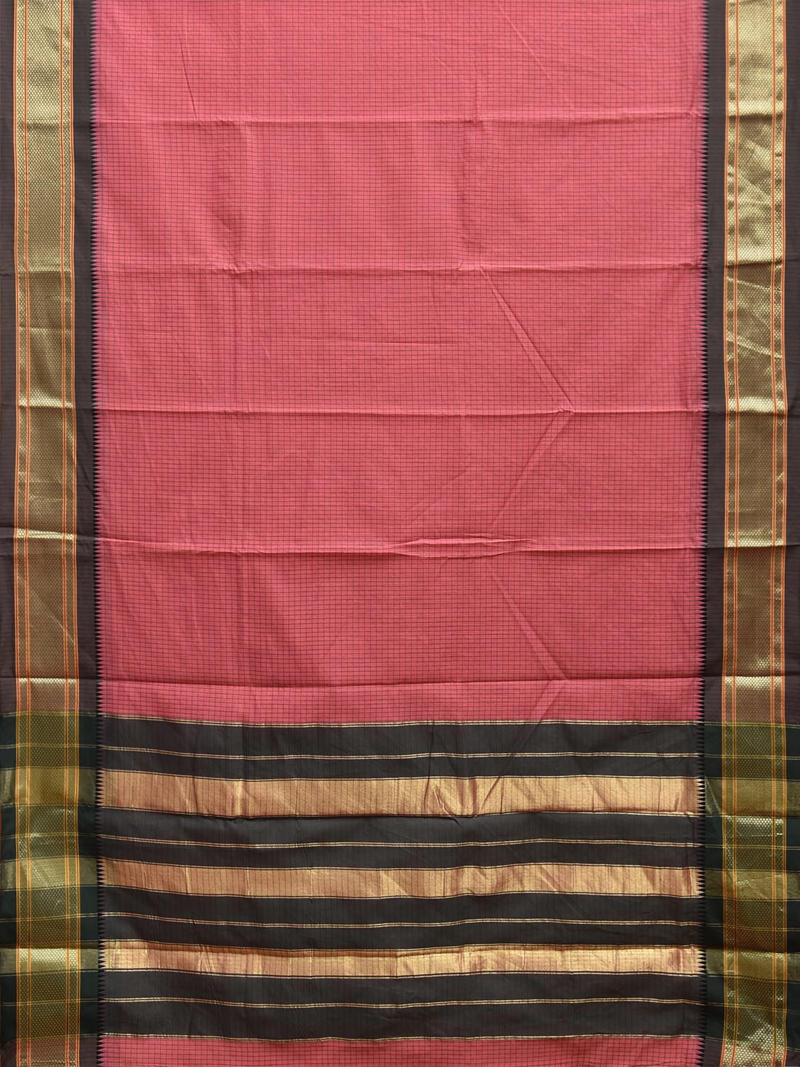 Peach and Green Bamboo Cotton Saree with Checks Design No Blouse bc0687