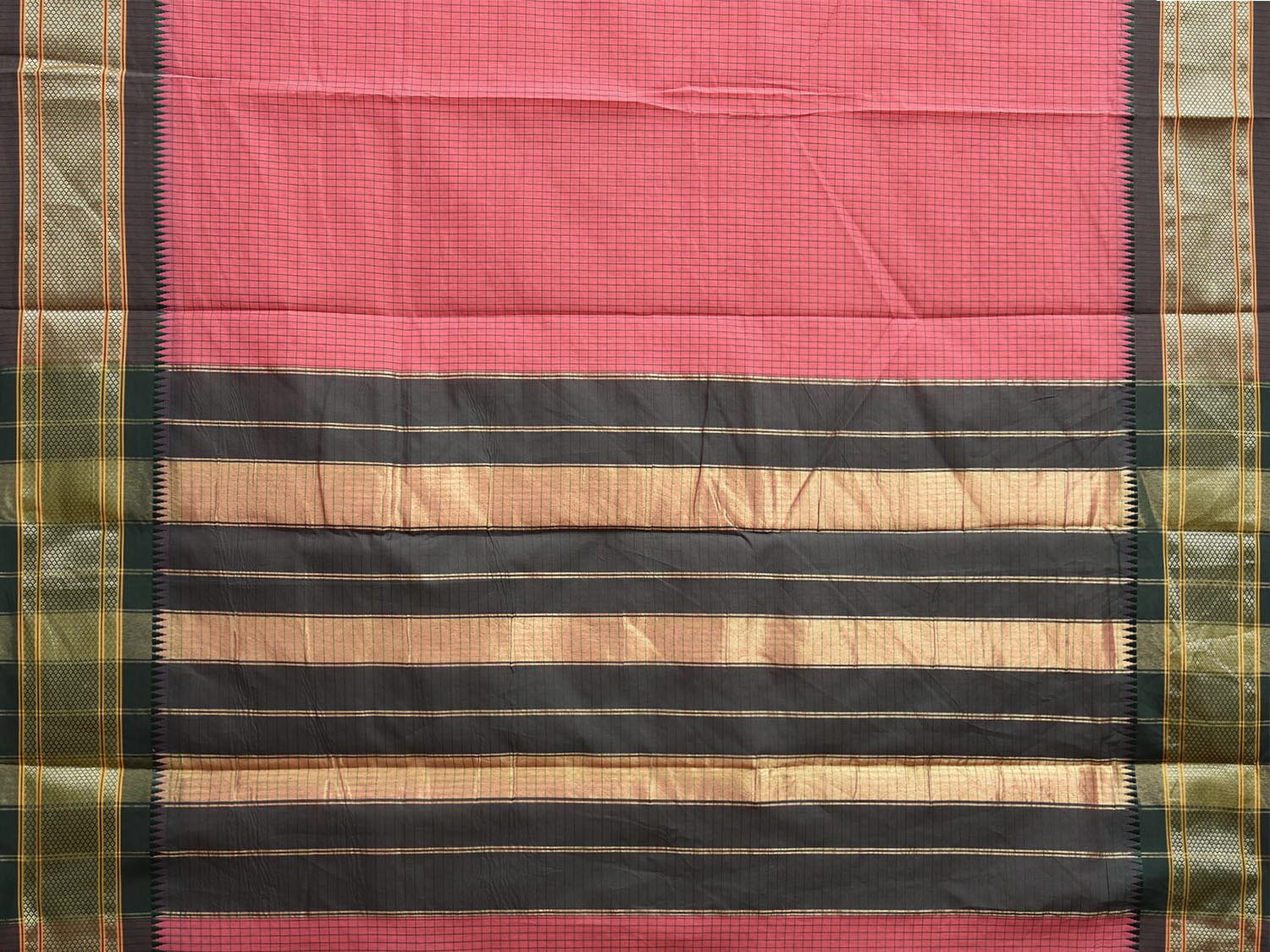 Peach and Green Bamboo Cotton Saree with Checks Design No Blouse bc0687