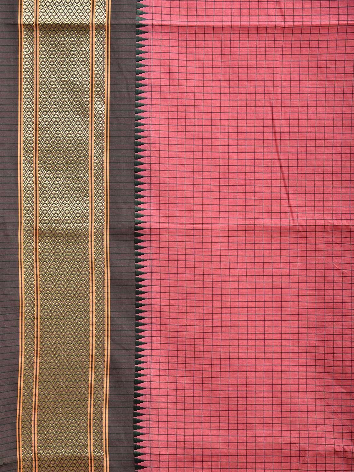 Peach and Green Bamboo Cotton Saree with Checks Design No Blouse bc0687