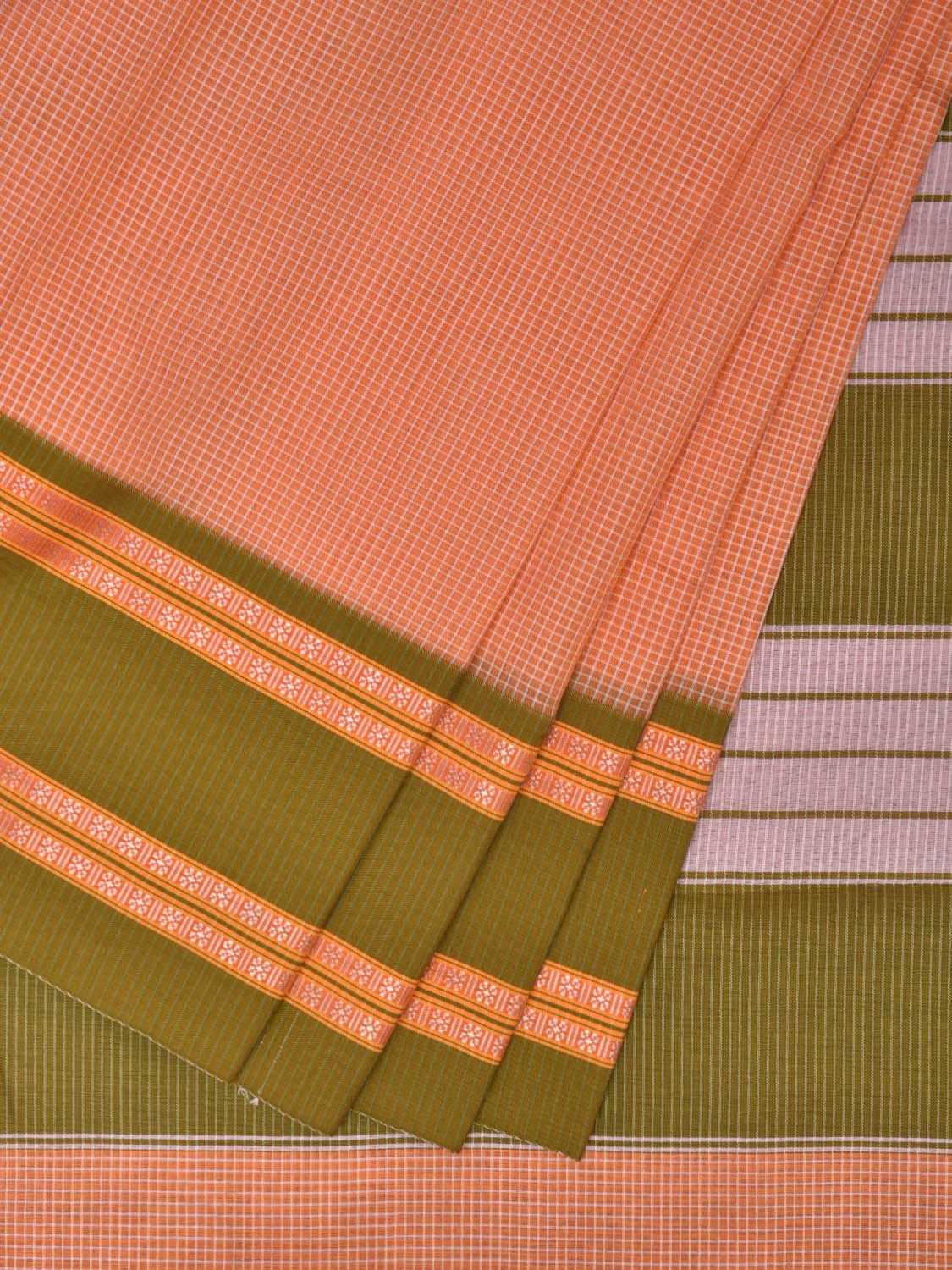 Peach and Green Bamboo Cotton Saree with Small Checks Design No Blouse bc0280