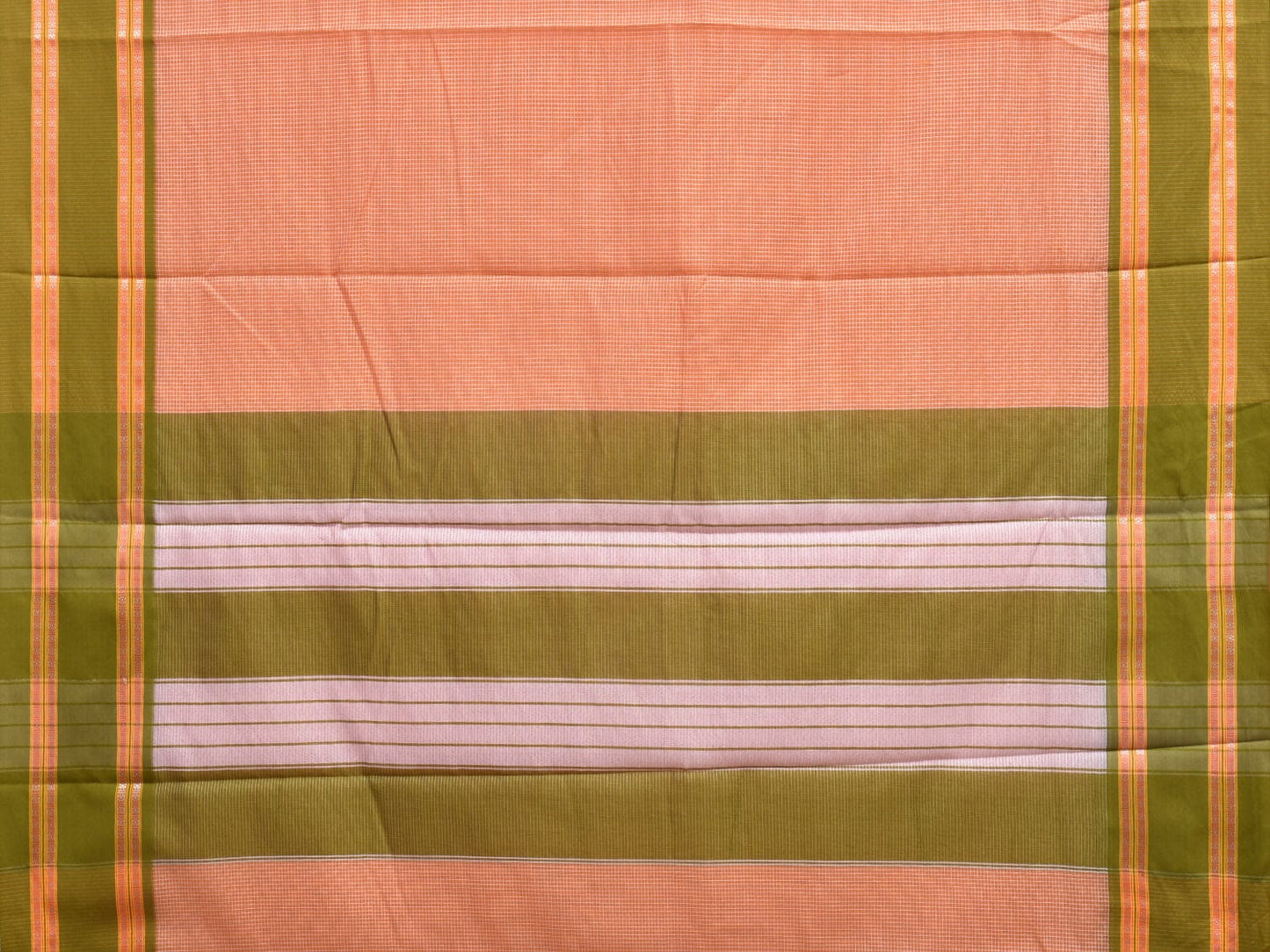 Peach and Green Bamboo Cotton Saree with Small Checks Design No Blouse bc0280