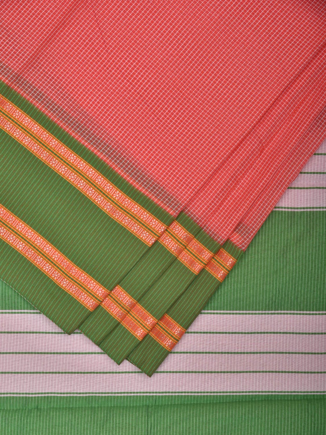 Peach and Green Bamboo Cotton Saree with Small Checks Design No Blouse bc0299