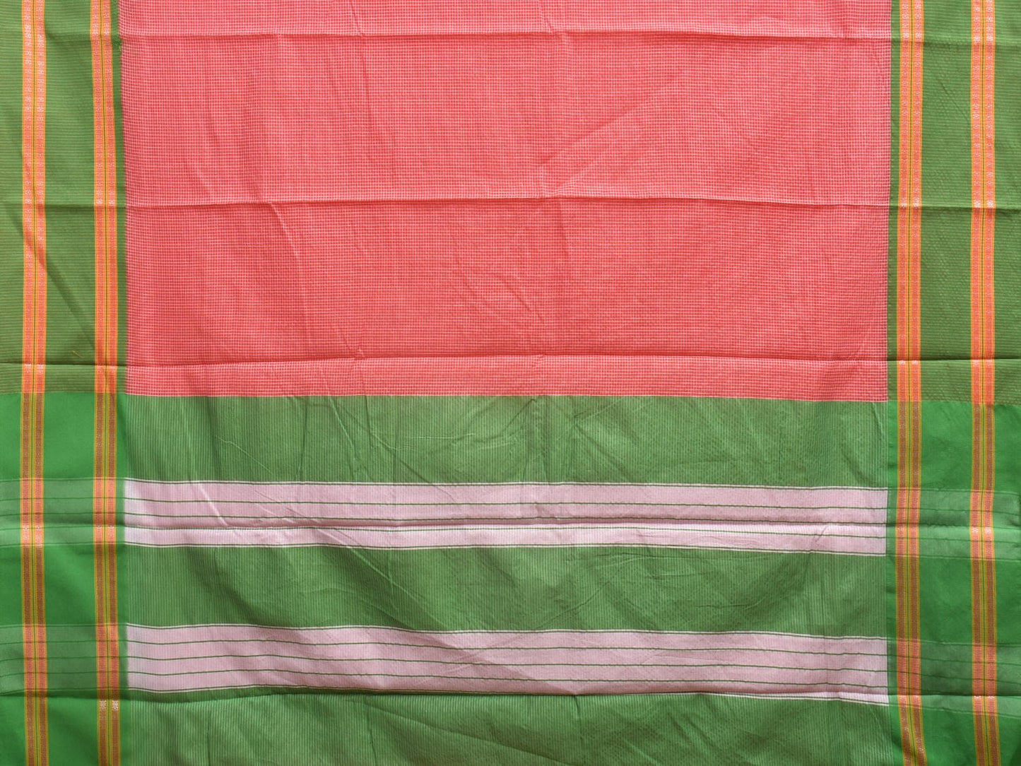 Peach and Green Bamboo Cotton Saree with Small Checks Design No Blouse bc0299