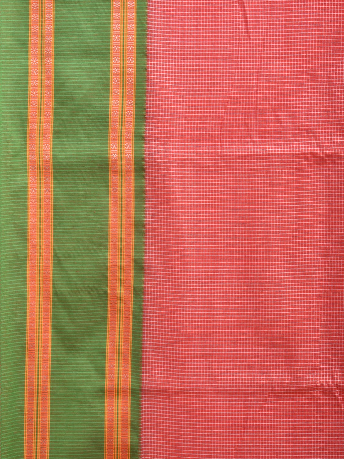 Peach and Green Bamboo Cotton Saree with Small Checks Design No Blouse bc0299