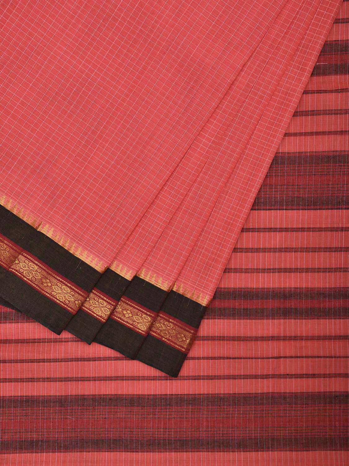 Peach and Green Narayanpet Cotton Handloom Saree with Checks Design No Blouse np1067