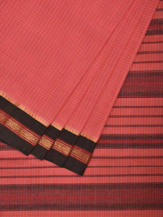 Peach and Green Narayanpet Cotton Handloom Saree with Checks Design No Blouse np1067