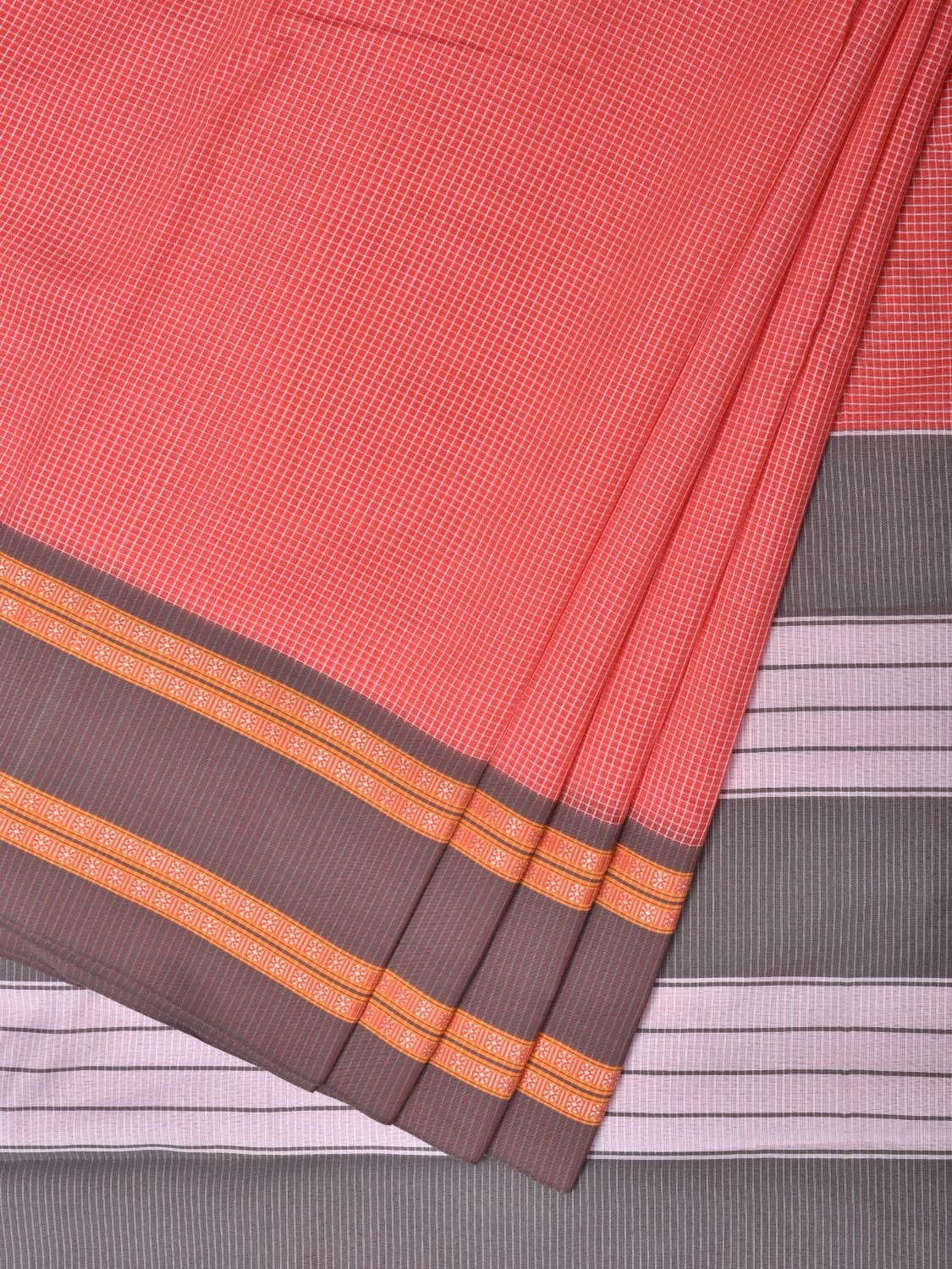Peach and Grey Bamboo Cotton Saree with Small Checks Design No Blouse bc0262