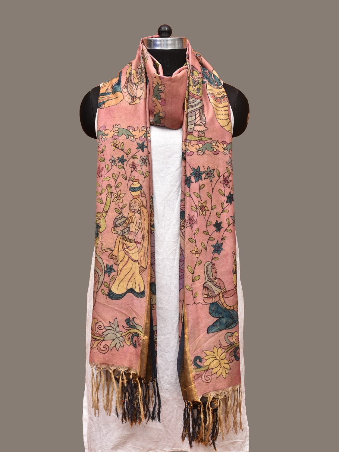 Peach and Grey Kalamkari Hand Painted Kanchipuram Silk Handloom Dupatta with Dashavatar Design ds3242