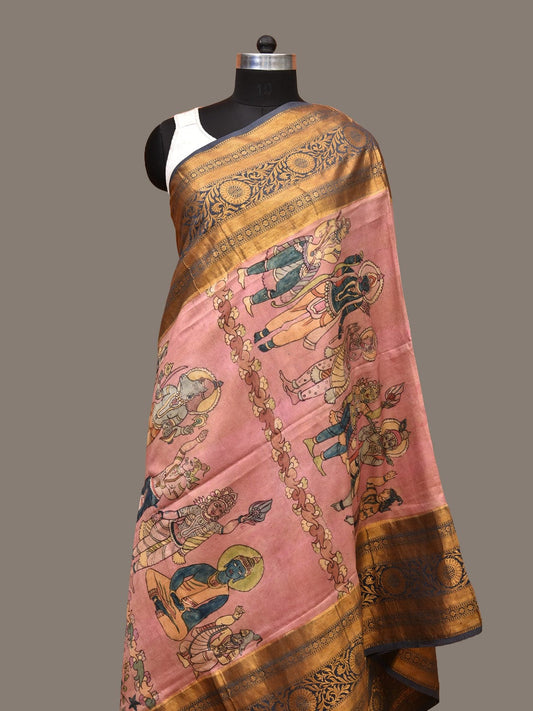 Peach and Grey Kalamkari Hand Painted Kanchipuram Silk Handloom Dupatta with Dashavatar Design ds3242