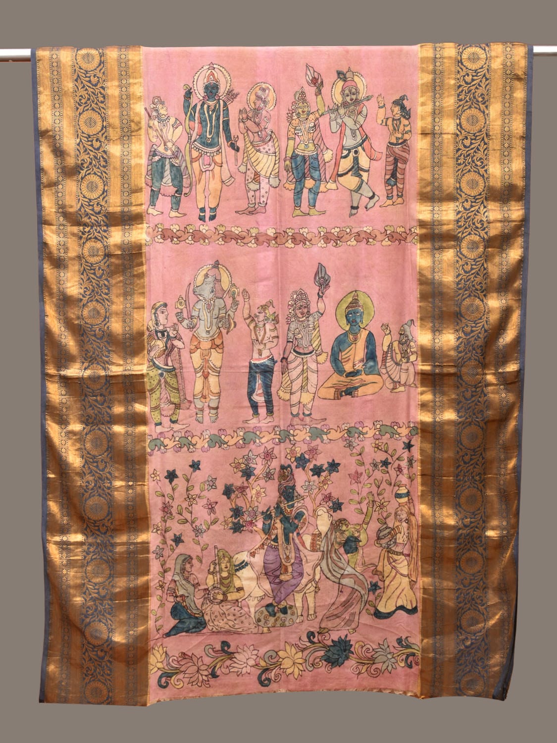 Peach and Grey Kalamkari Hand Painted Kanchipuram Silk Handloom Dupatta with Dashavatar Design ds3242