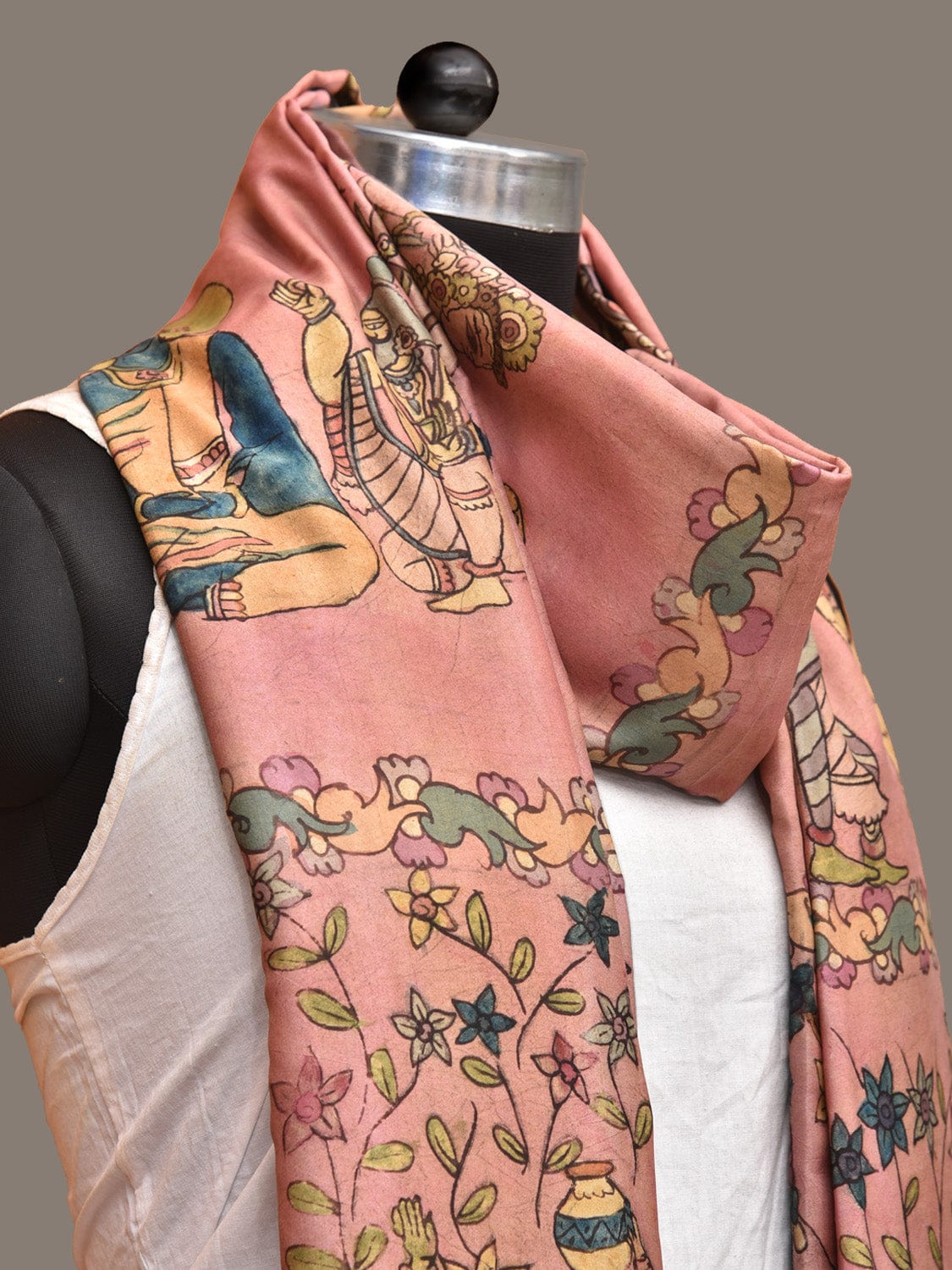 Peach and Grey Kalamkari Hand Painted Kanchipuram Silk Handloom Dupatta with Dashavatar Design ds3242