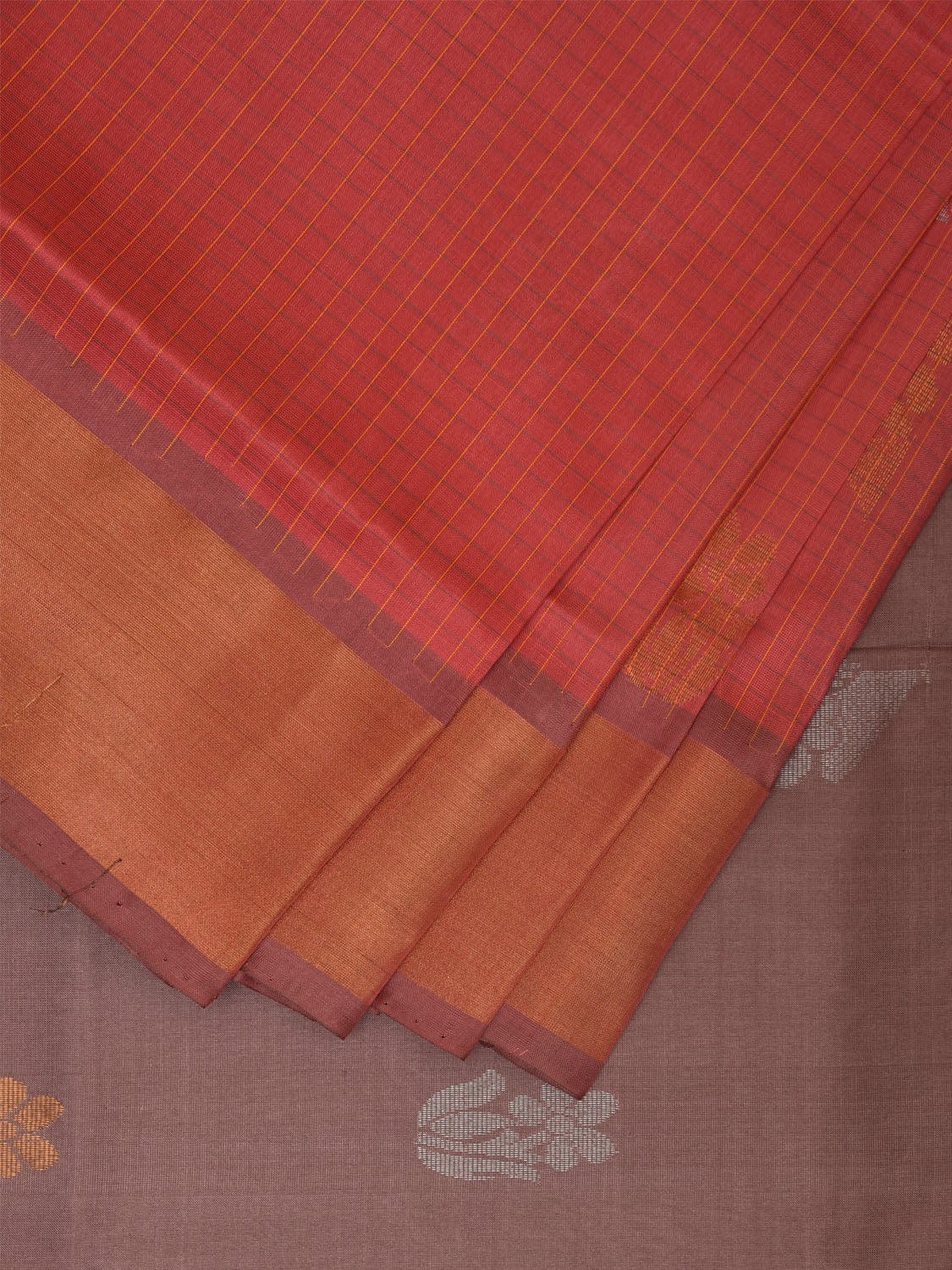 Peach and Grey Uppada Plain Silk Handloom Saree with Buta and Contrast Pallu Design u2247