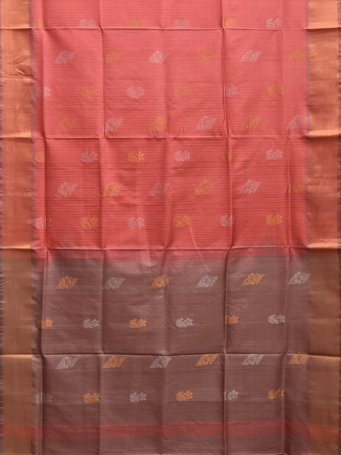 Peach and Grey Uppada Plain Silk Handloom Saree with Buta and Contrast Pallu Design u2247