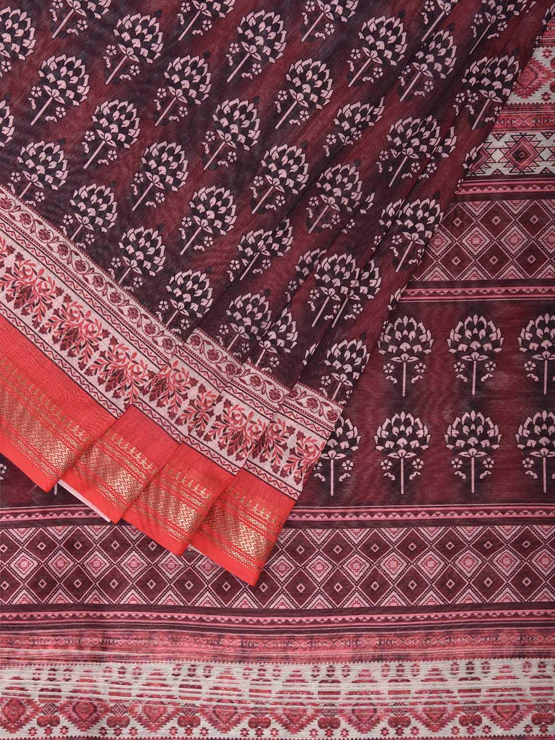 Peach and Maroon Bamboo Cotton Saree with All Over Digital Print Design bc0789