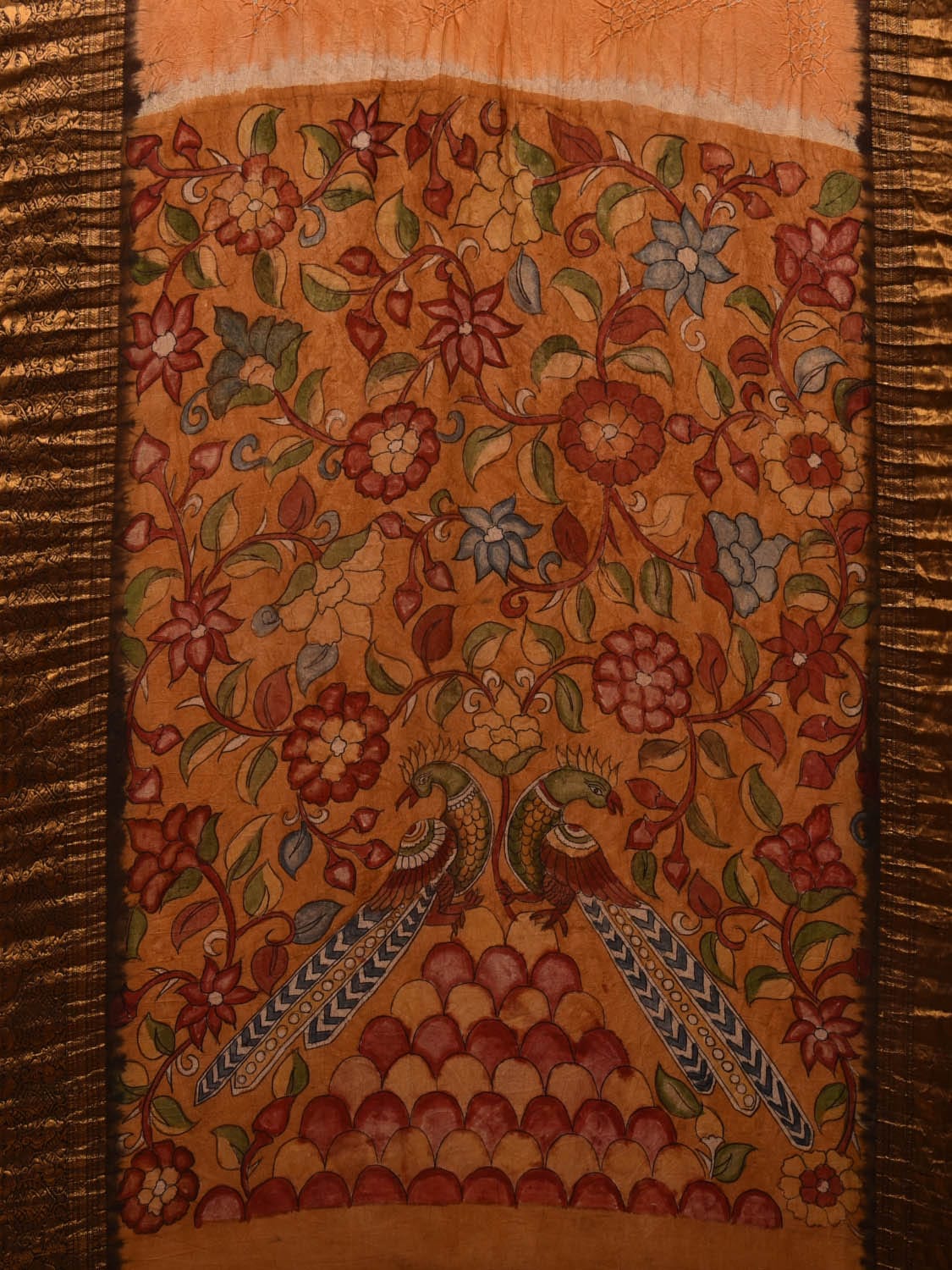 Peach and Mustard Bandhani Kanchipuram Silk Handloom Saree with Kalamkari Pallu and Blouse Design bn0445