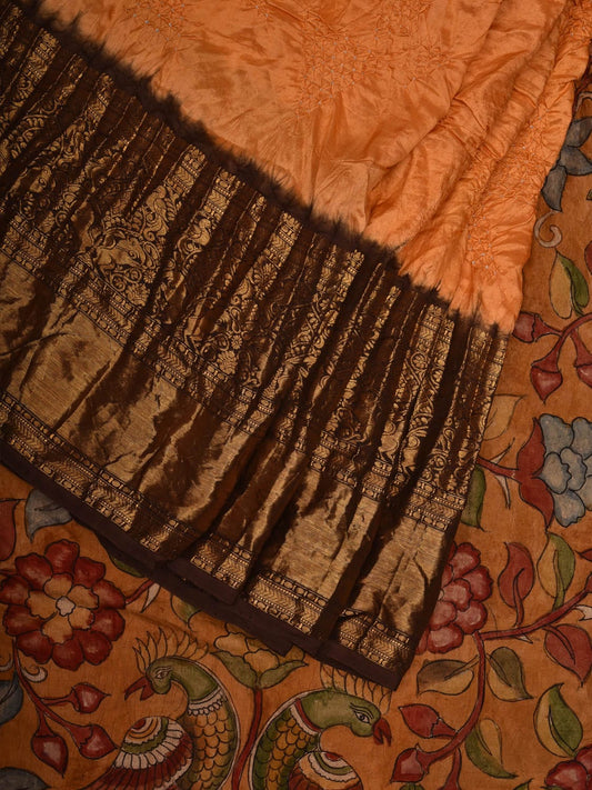 Peach and Mustard Bandhani Kanchipuram Silk Handloom Saree with Kalamkari Pallu and Blouse Design bn0445