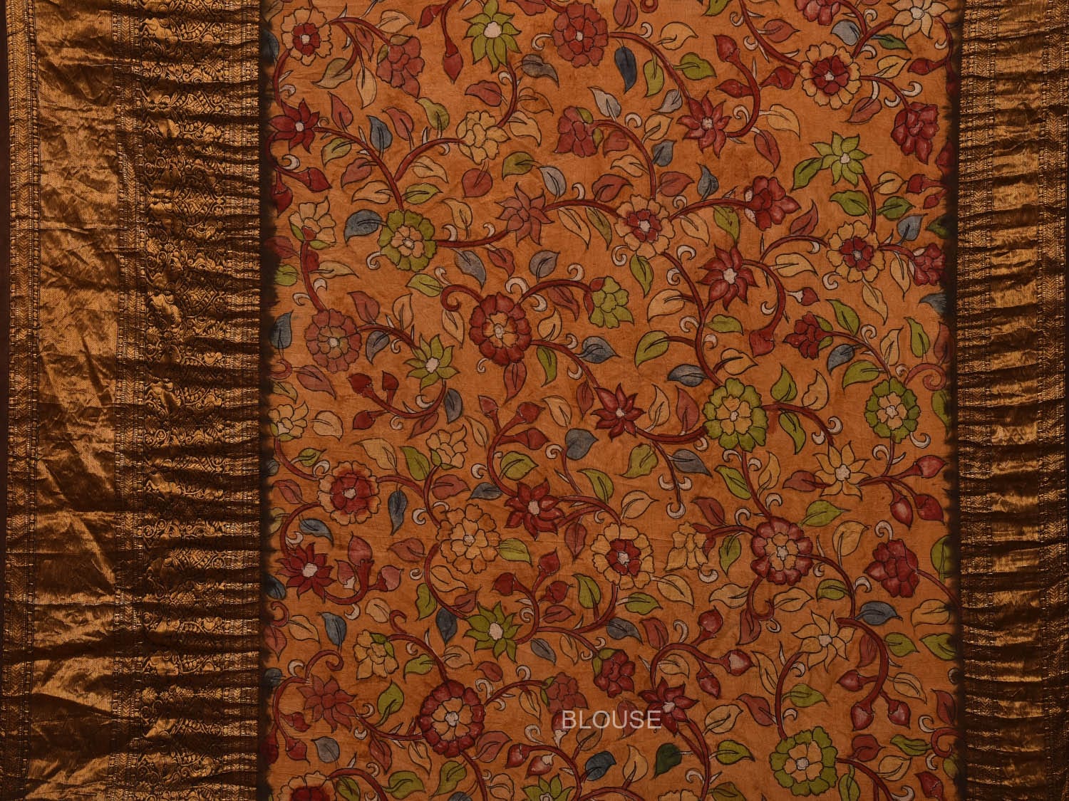 Peach and Mustard Bandhani Kanchipuram Silk Handloom Saree with Kalamkari Pallu and Blouse Design bn0445
