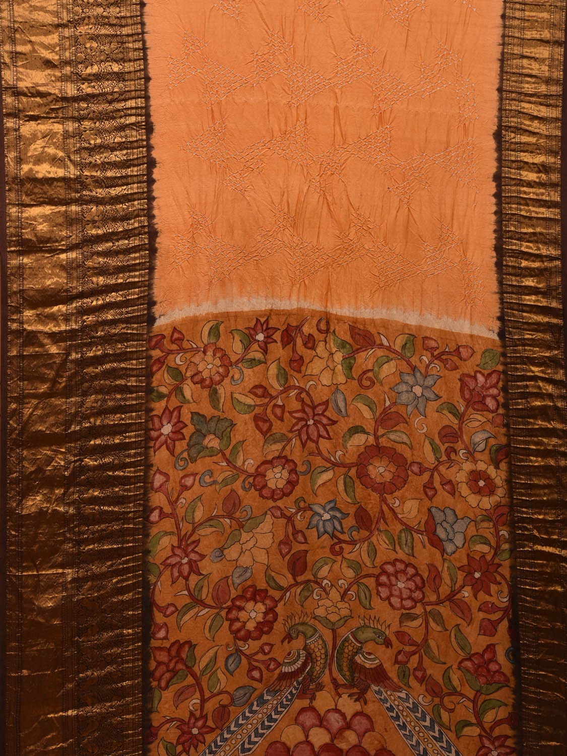Peach and Mustard Bandhani Kanchipuram Silk Handloom Saree with Kalamkari Pallu and Blouse Design bn0445