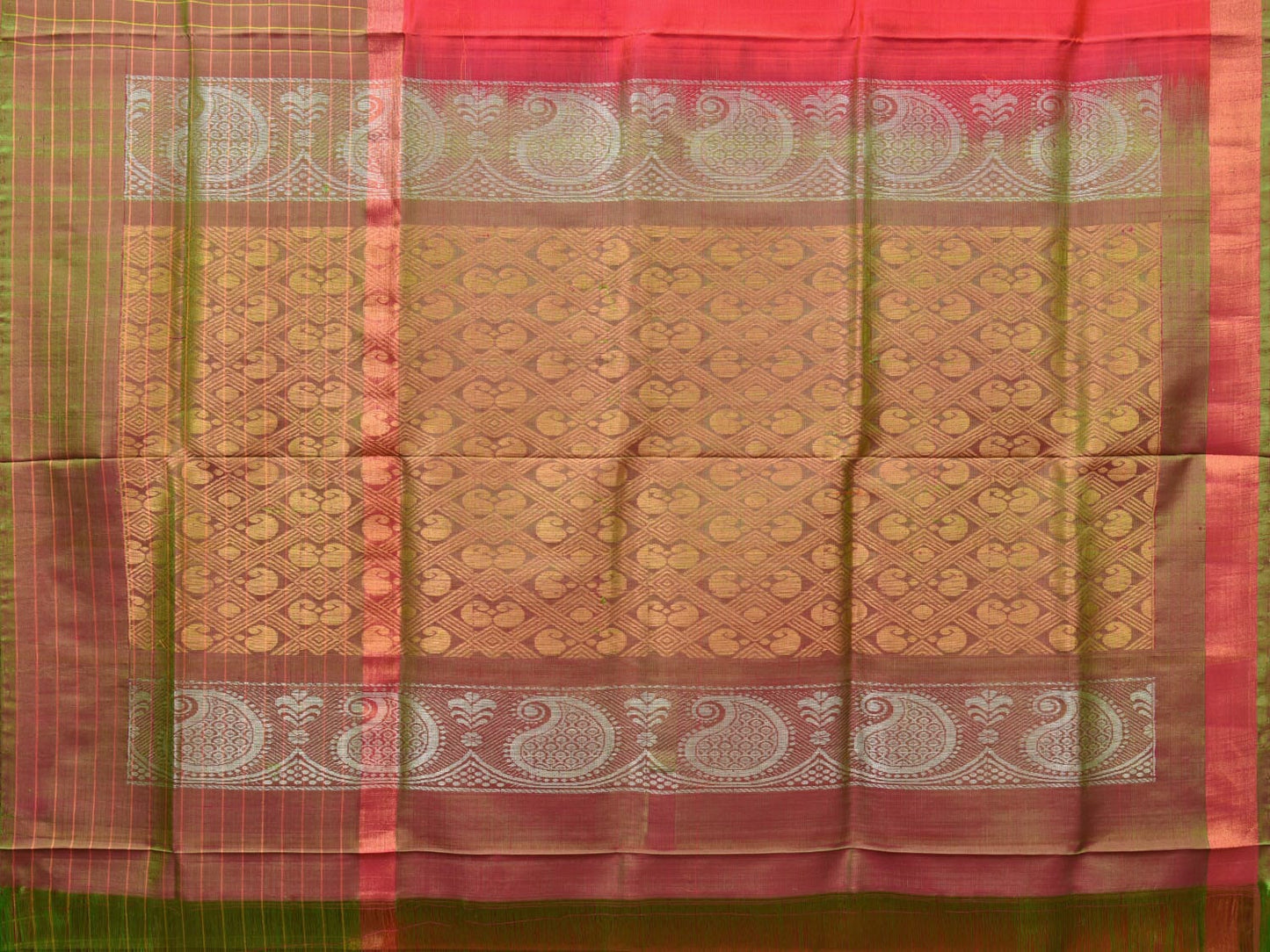 Peach and Mustard Uppada Silk Handloom Saree with Body Buta and Checks Border Design u2117