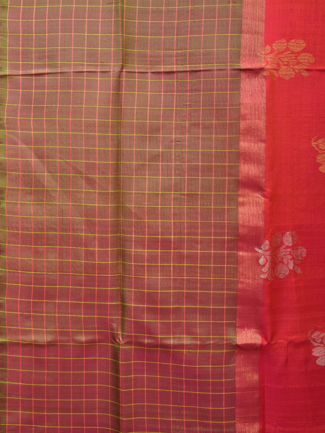 Peach and Mustard Uppada Silk Handloom Saree with Body Buta and Checks Border Design u2117