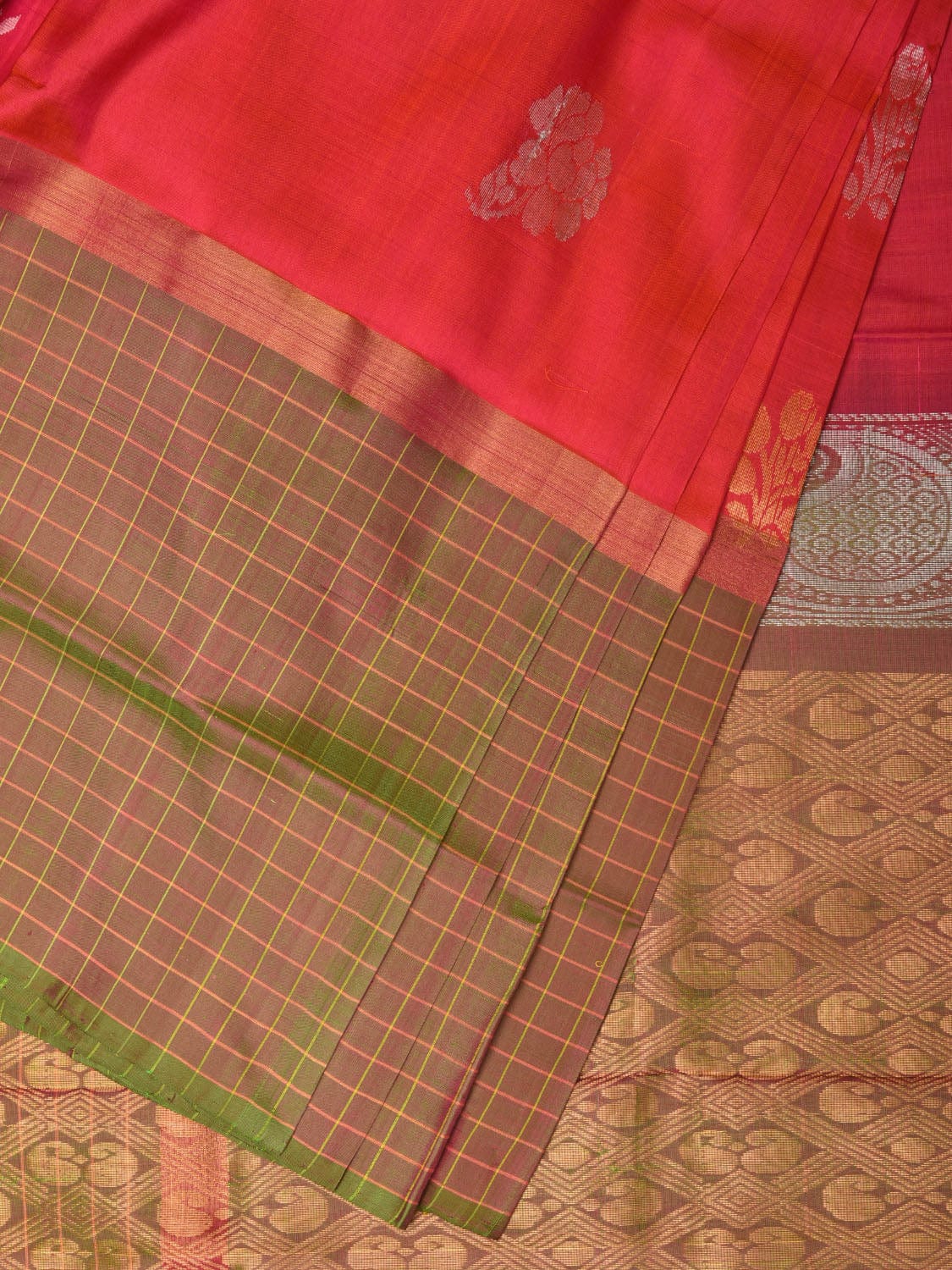 Peach and Mustard Uppada Silk Handloom Saree with Body Buta and Checks Border Design u2117
