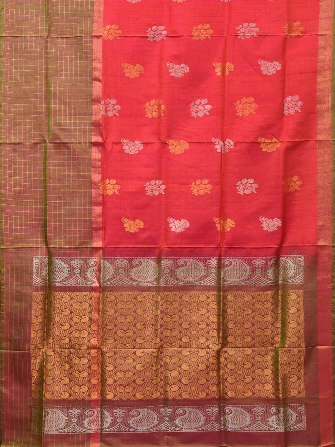 Peach and Mustard Uppada Silk Handloom Saree with Body Buta and Checks Border Design u2117