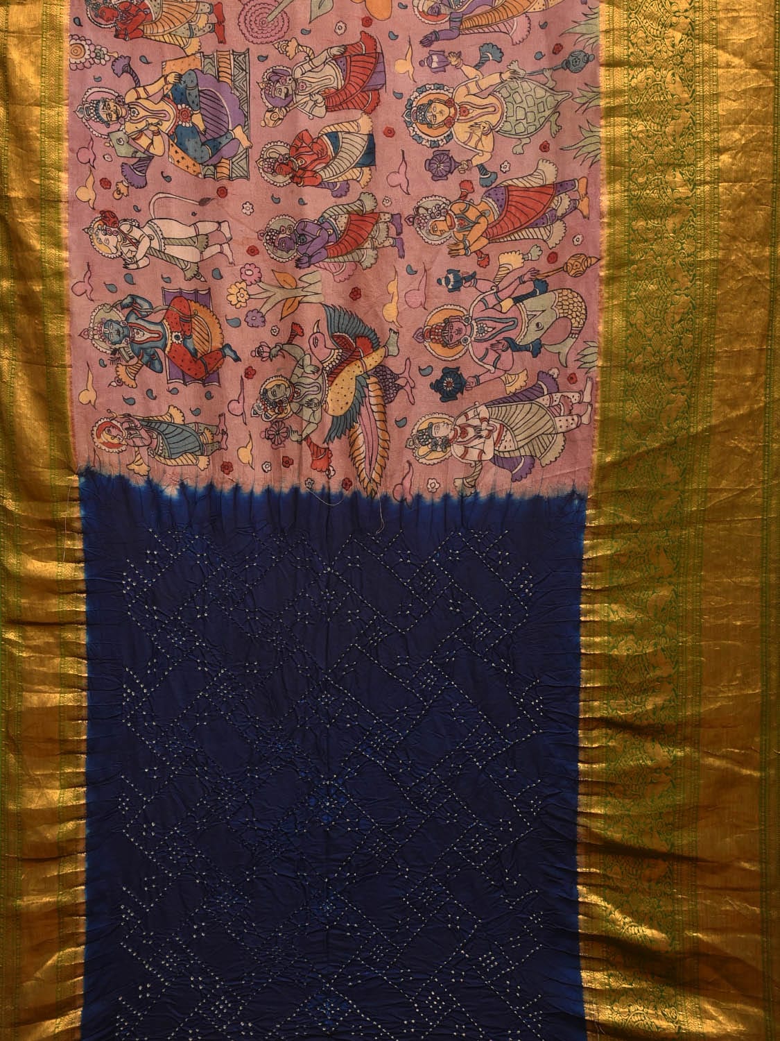 Peach and Navy Bandhani Kanchipuram Silk Handloom Saree with Dashavatar Design bn0495