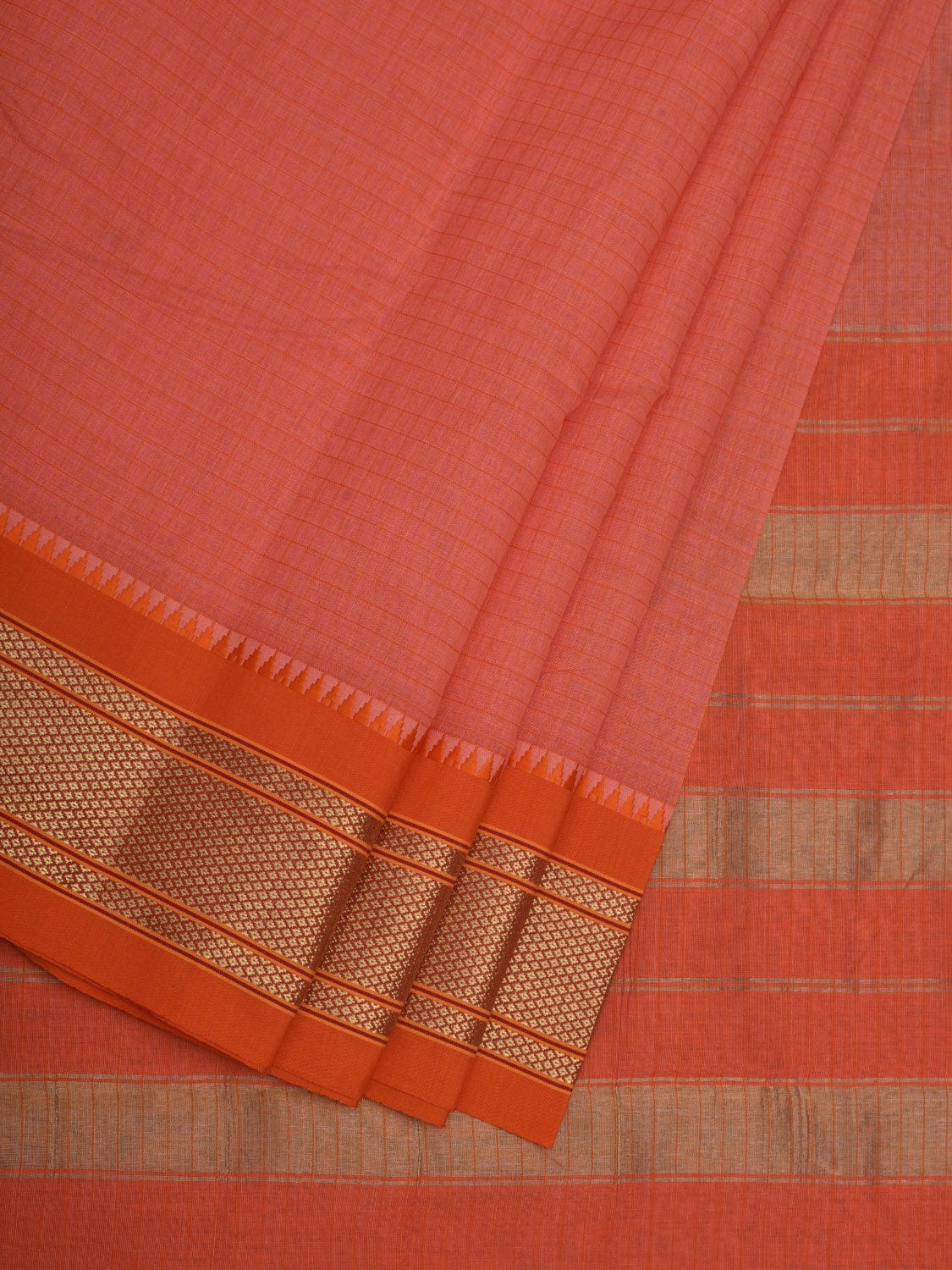 Peach and Orange Bamboo Cotton Saree with Checks Design bc0049