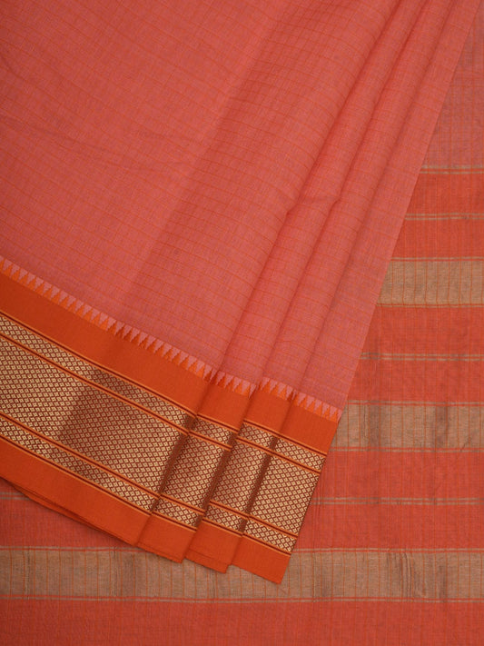 Peach and Orange Bamboo Cotton Saree with Checks Design bc0049