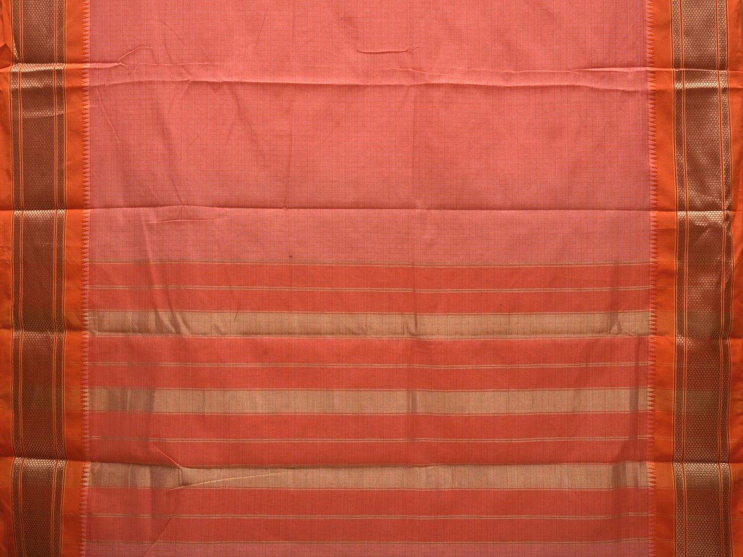 Peach and Orange Bamboo Cotton Saree with Checks Design bc0049