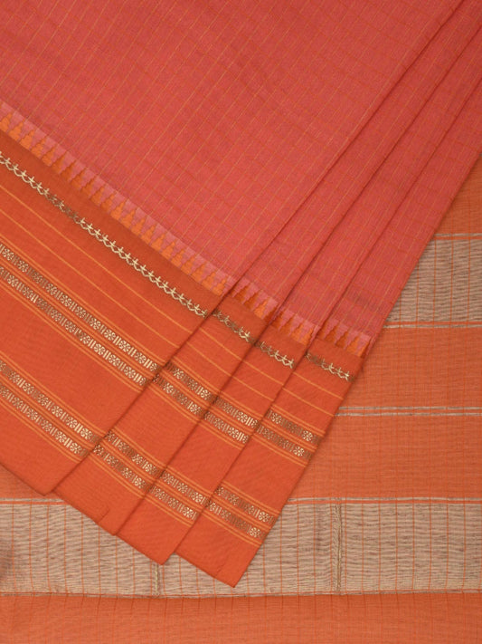 Peach and Orange Bamboo Cotton Viscose Silk Saree with Checks Design No Blouse bc0371