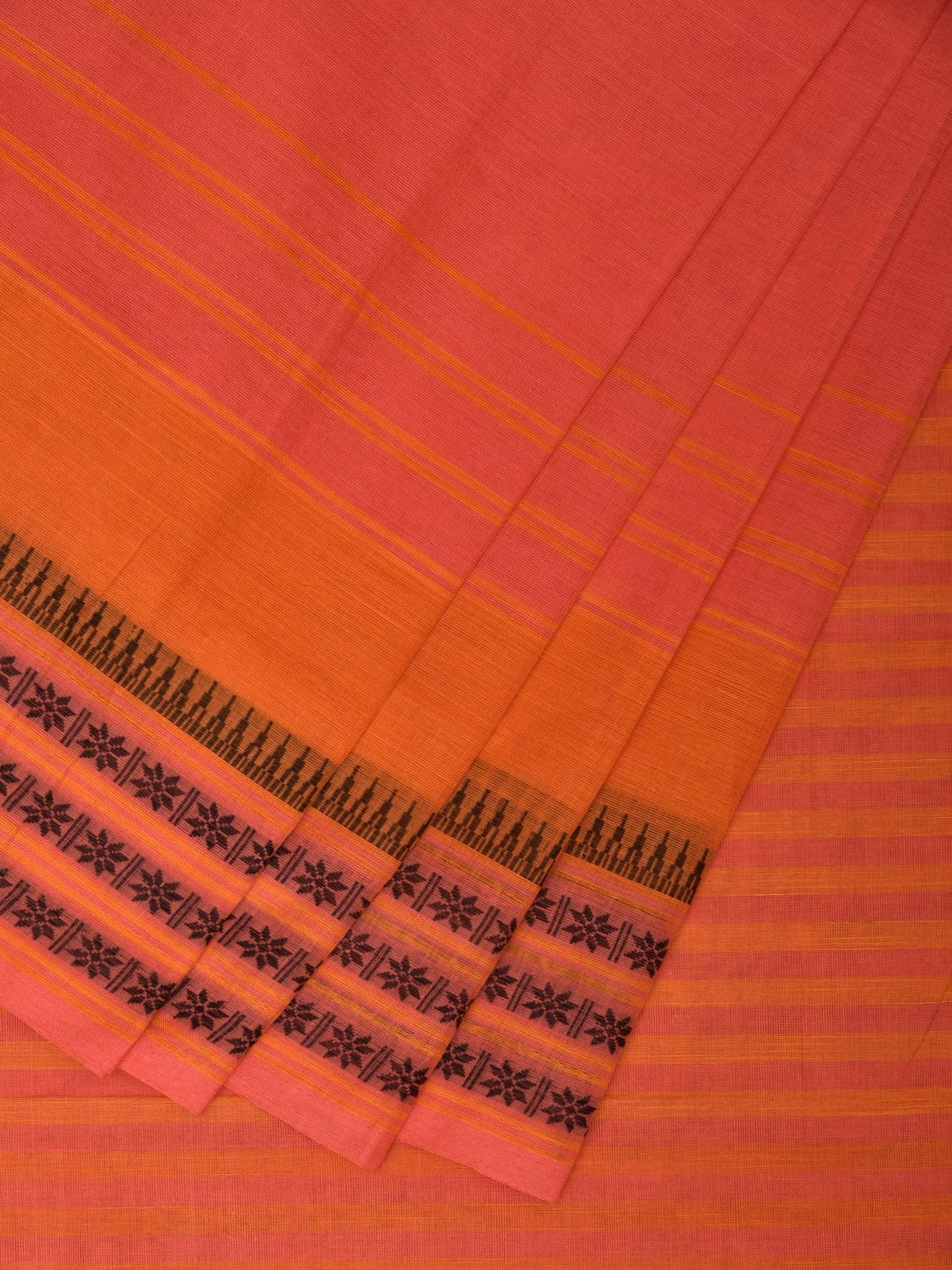 Peach and Orange Kanchipuram Cotton Saree with Strips Pallu and Border Design k0534
