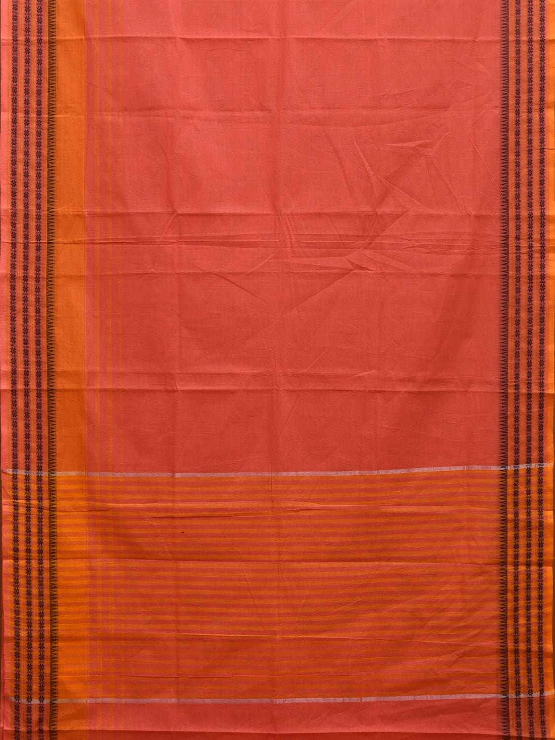 Peach and Orange Kanchipuram Cotton Saree with Strips Pallu and Border Design k0534