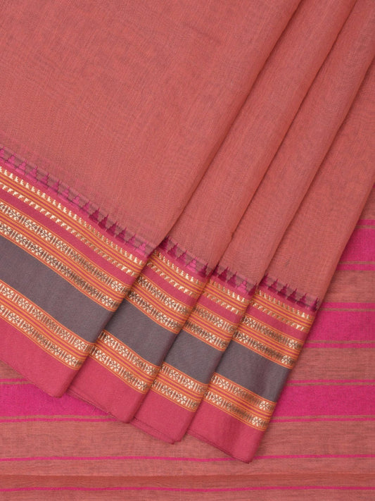 Peach and Pink Bamboo Cotton Plain Saree with Strips Pallu Design No Blouse bc0596