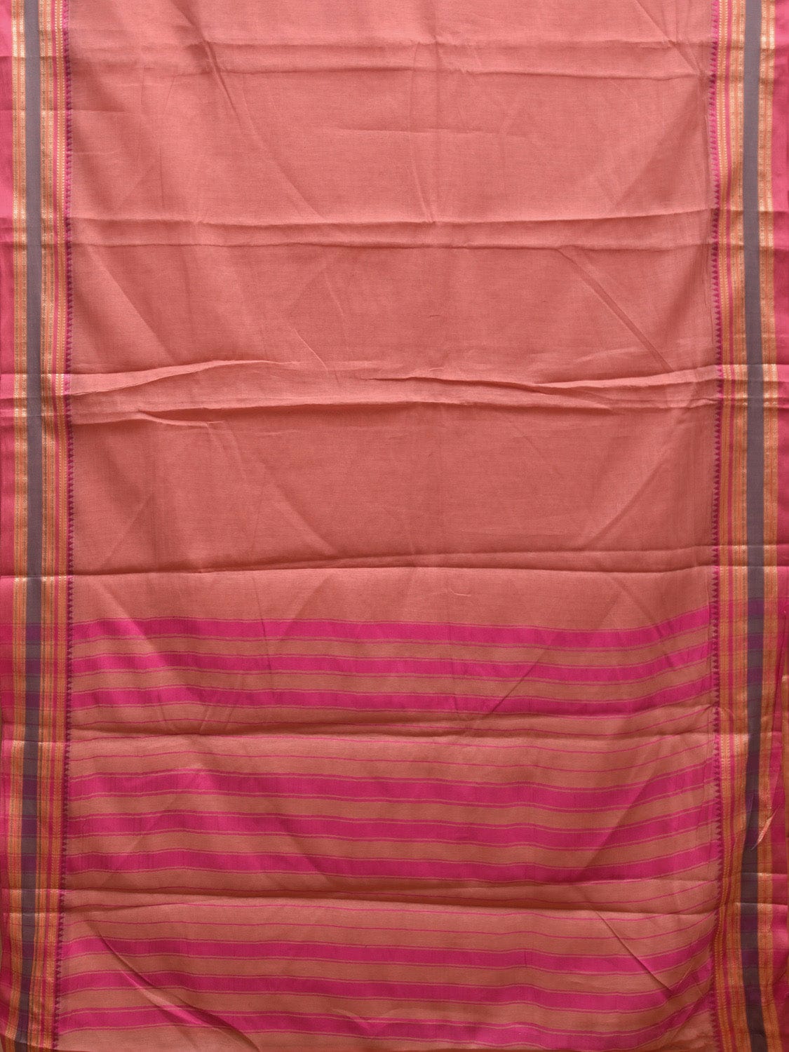 Peach and Pink Bamboo Cotton Plain Saree with Strips Pallu Design No Blouse bc0596