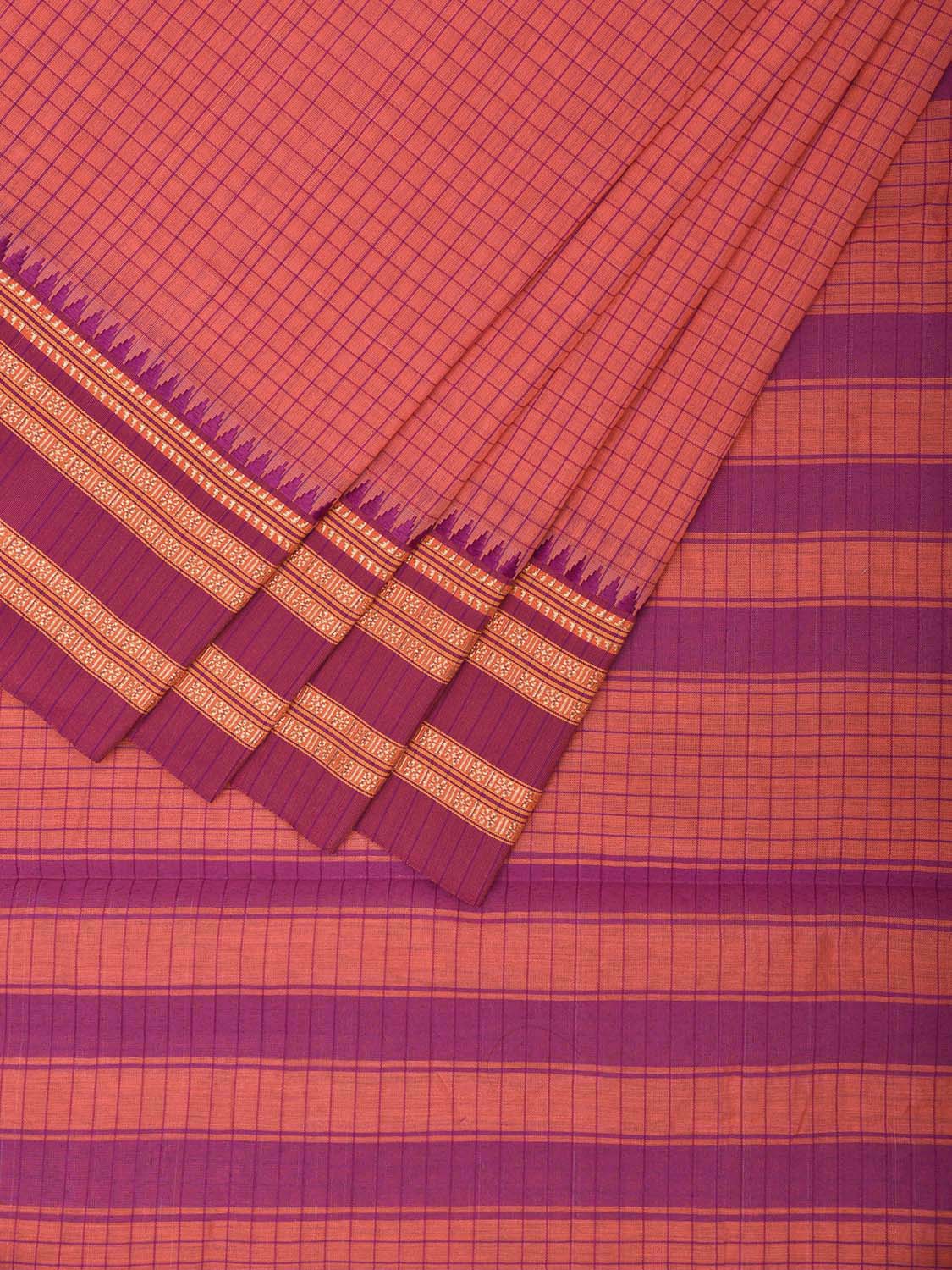 Peach and Pink Bamboo Cotton Saree with Checks Design No Blouse bc0627