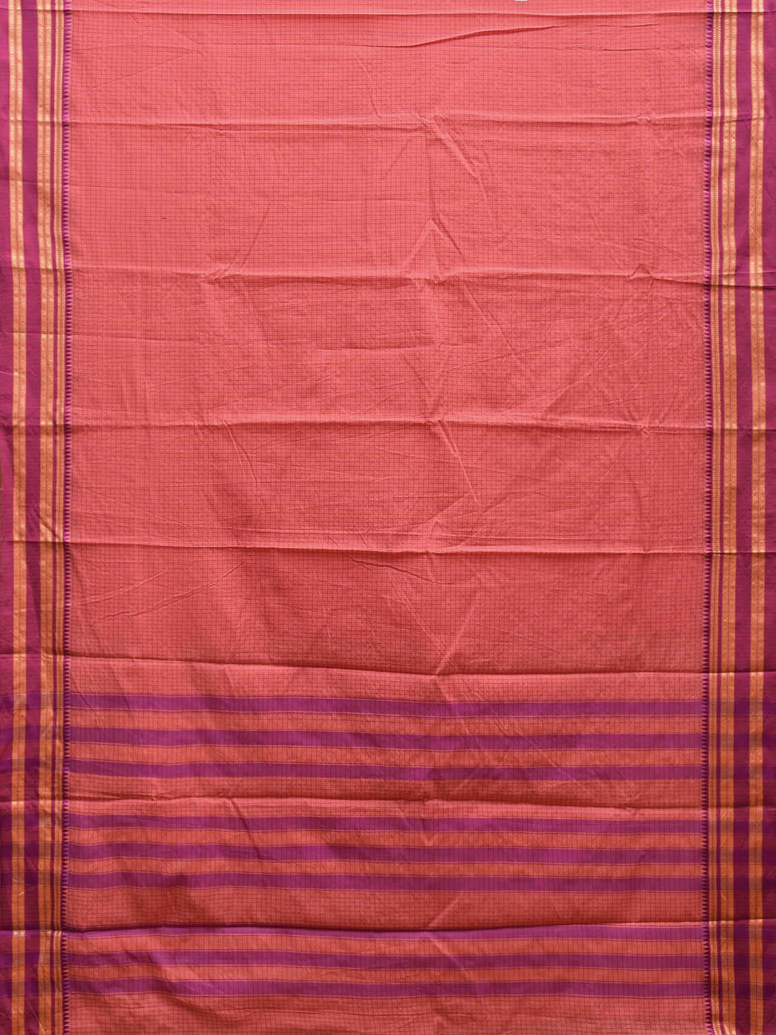 Peach and Pink Bamboo Cotton Saree with Checks Design No Blouse bc0627