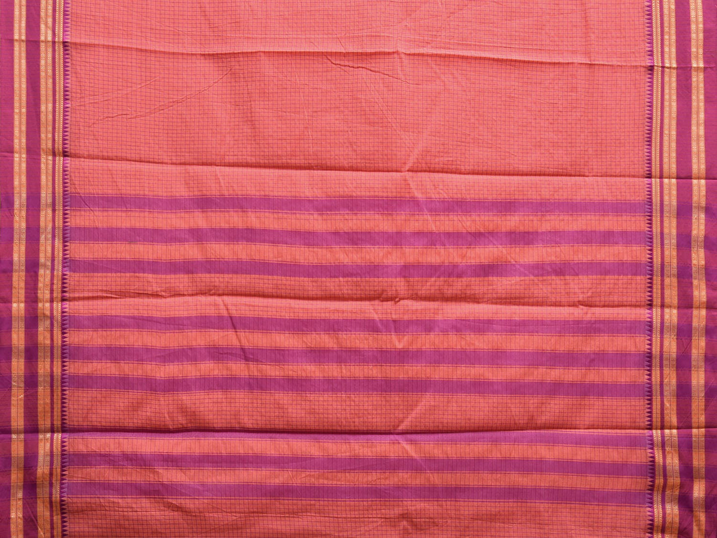 Peach and Pink Bamboo Cotton Saree with Checks Design No Blouse bc0627