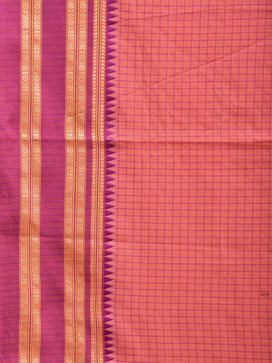 Peach and Pink Bamboo Cotton Saree with Checks Design No Blouse bc0627