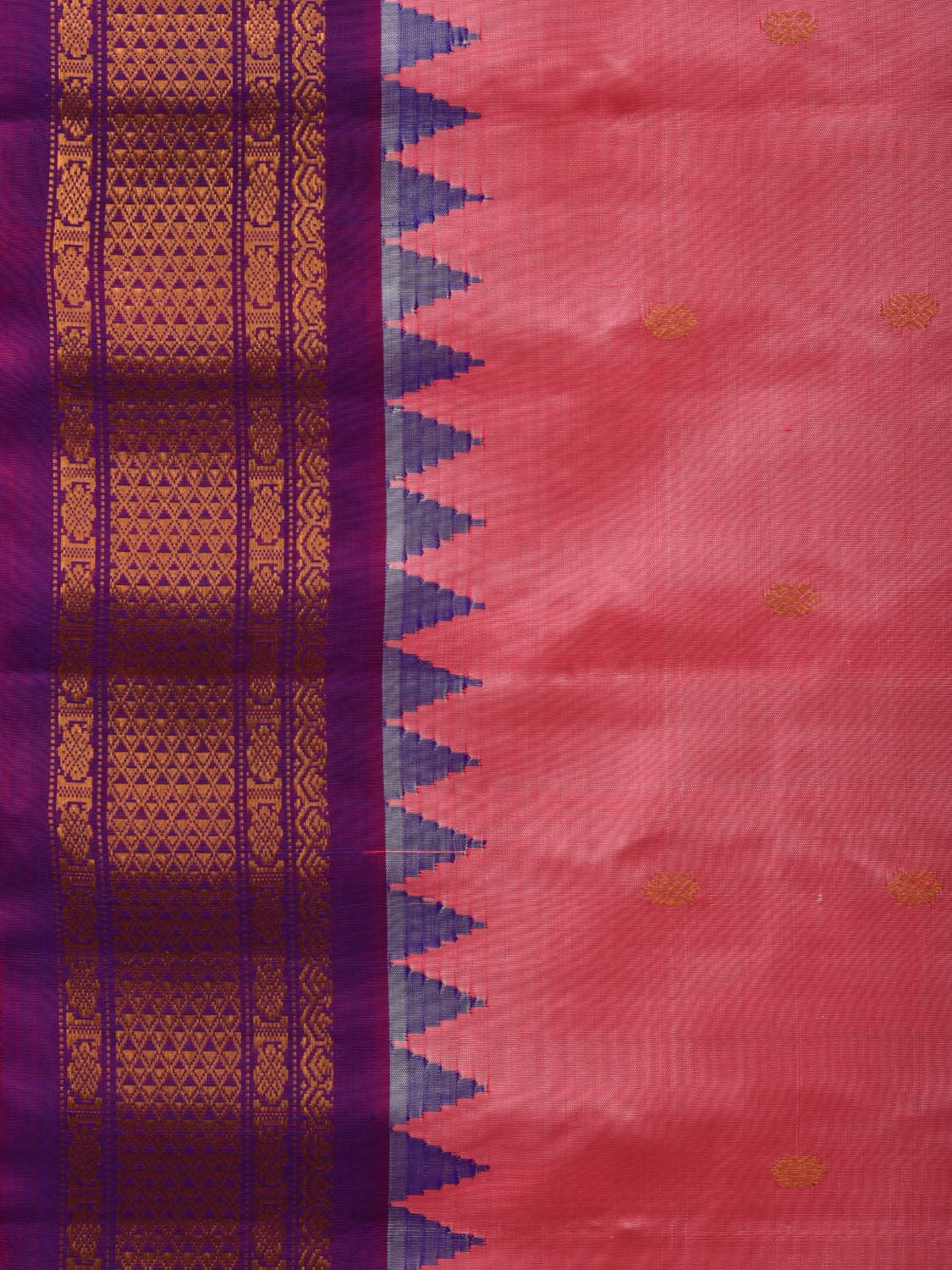 Peach and Purple Gadwal Silk Handloom Saree with Buta and Temple Border Design g0326