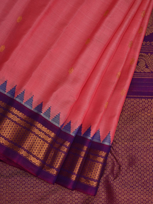 Peach and Purple Gadwal Silk Handloom Saree with Buta and Temple Border Design g0326