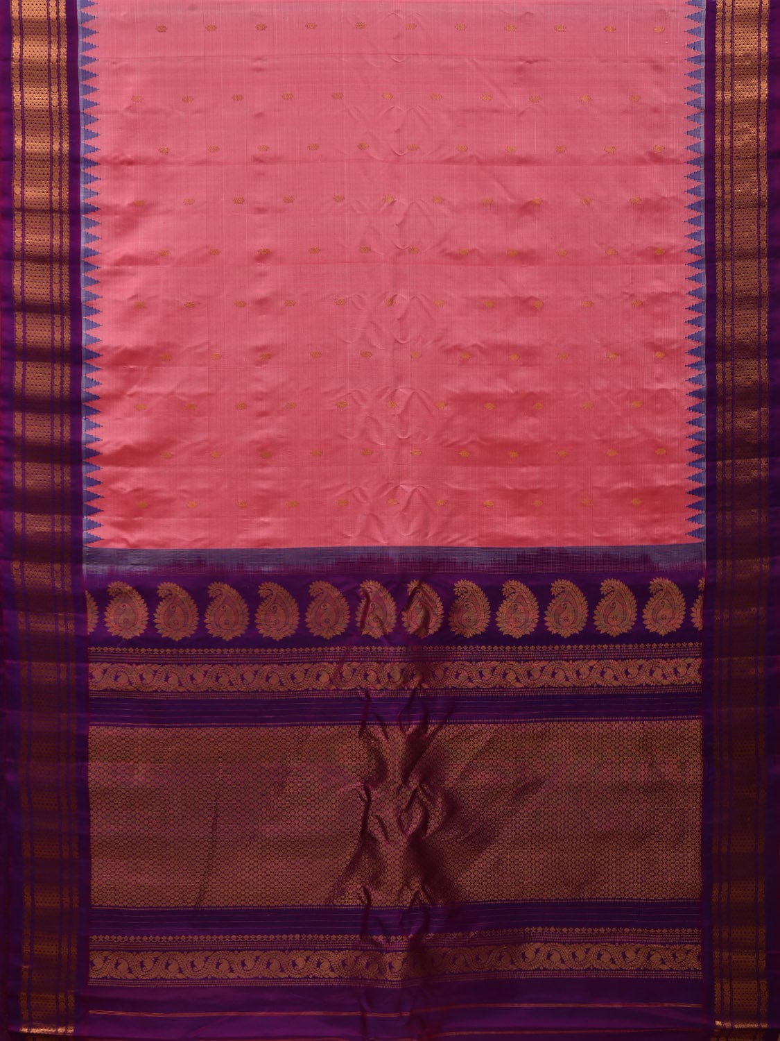 Peach and Purple Gadwal Silk Handloom Saree with Buta and Temple Border Design g0326