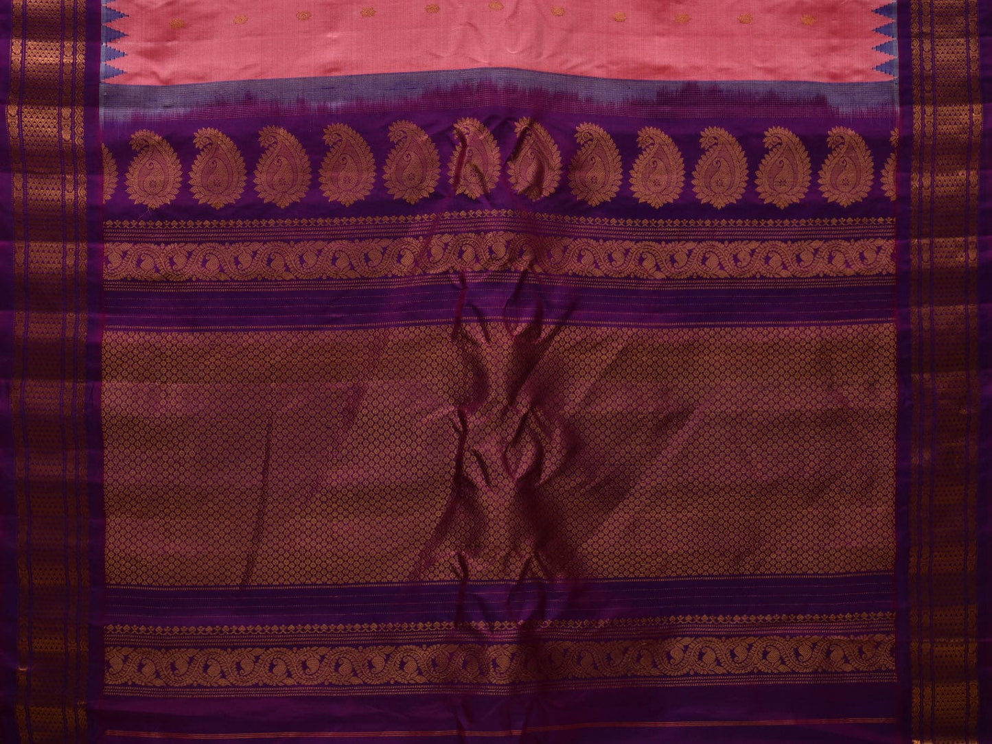 Peach and Purple Gadwal Silk Handloom Saree with Buta and Temple Border Design g0326