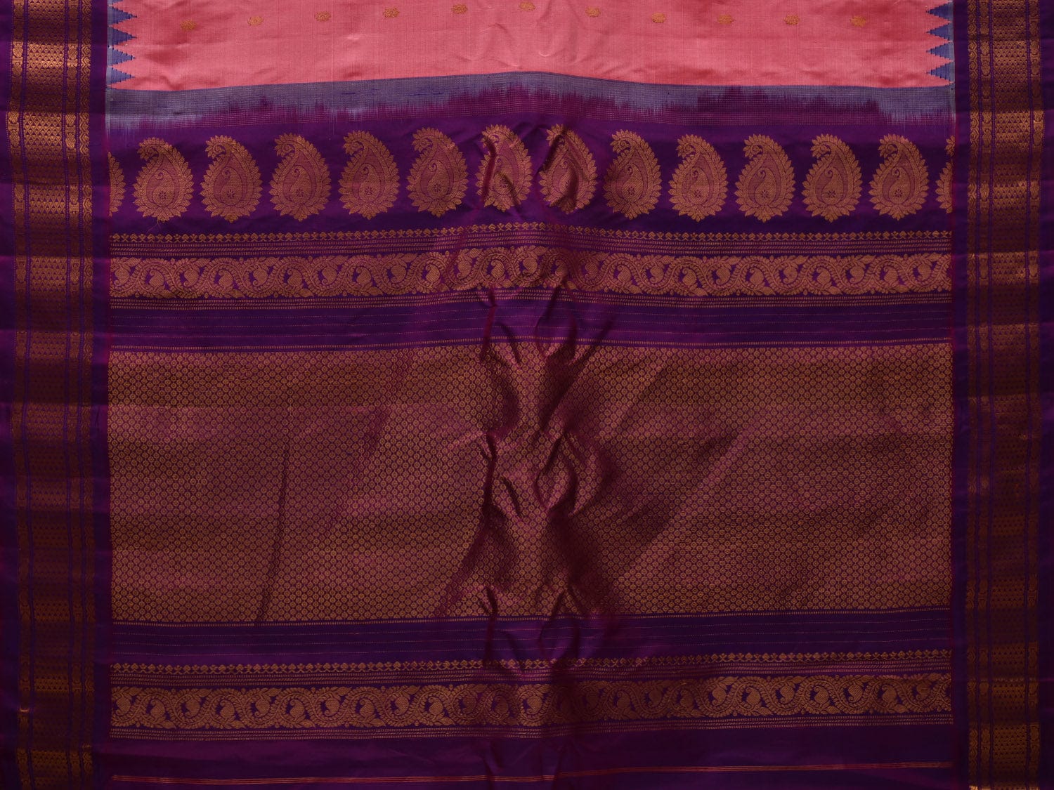 Peach and Purple Gadwal Silk Handloom Saree with Buta and Temple Border Design g0326