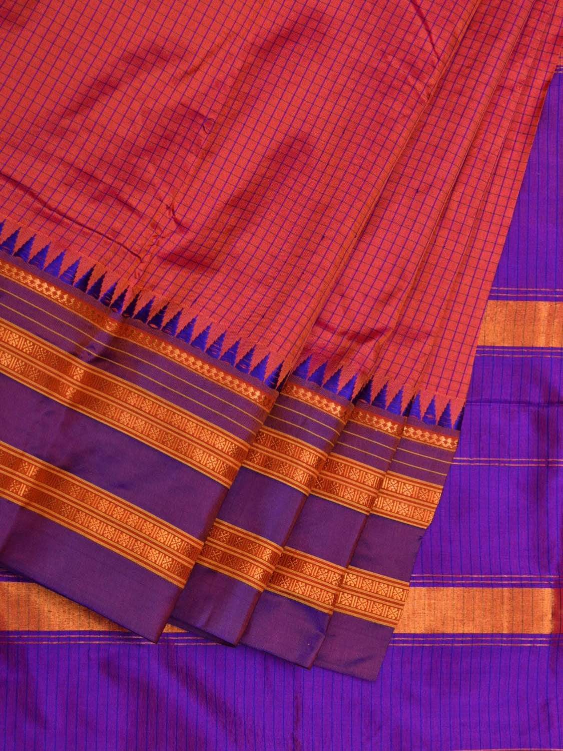 Peach and Purple Narayanpet Silk Saree with Checks Design No Blouse np0497